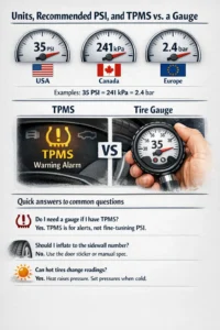 Infographic showing tire pressure units like PSI, kPa, and bar, along with a comparison between TPMS warning system and a handheld tire pressure gauge for accurate measurement
