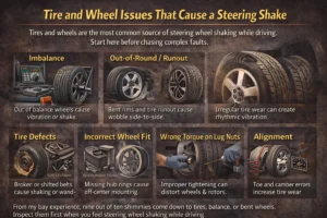 Close-up of car tire and wheel showing issues like imbalance, uneven wear, bent rim, and alignment problems that can cause steering wheel shaking while driving