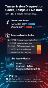 Infographic explaining transmission diagnostics including OBD2 trouble codes, fluid temperature ranges, and live data like TCC slip and line pressure