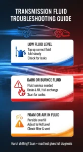 Pinterest style infographic using blue red orange automotive branding showing transmission fluid troubleshooting steps for low, burnt, and overfilled fluid issues