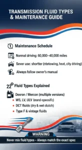 Automotive infographic explaining transmission fluid types like Dexron, CVT, DCT and recommended maintenance schedule for normal and severe driving conditions