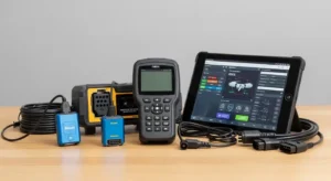 Various car diagnostic tools including OBD scanner and Bluetooth adapter devices