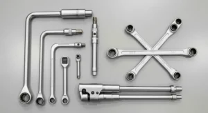 Various types of lug wrenches including cross wrench and telescopic wrench on display