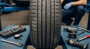 Mechanic inspecting worn car tire with uneven tread causing steering wheel shaking