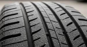 Close-up of car tire showing uneven tread wear patterns including inner and outer edge damage