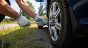 Person using a lug wrench to loosen lug nuts during a tire change