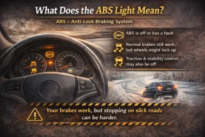 Infographic showing a car dashboard with the ABS warning light on, explaining that the anti-lock braking system has a fault while normal brakes still work but stopping on slippery roads may be harder
