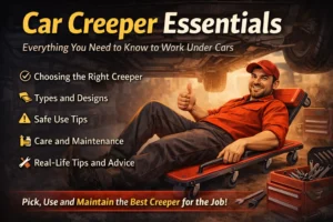 Realistic garage scene showing a mechanic lying on a low-profile car creeper under a raised vehicle, demonstrating how a car creeper helps with safe and comfortable undercar work