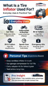 Infographic showing real-world uses of a tire inflator including car tires, bikes, RVs, sports gear, and emergency roadside situations with practical tips