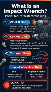 Infographic explaining what an impact wrench is, its features, uses, and how it differs from a drill for high torque applications