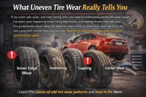 Realistic automotive graphic showing several car tires with different uneven wear patterns, including inner edge wear, feathering, cupping, and center wear, inside a repair garage with a car in the background