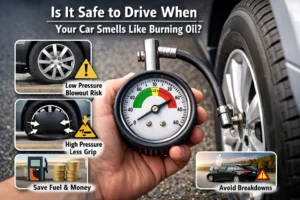 Hand holding a tire pressure gauge measuring car tire pressure, with visuals showing risks of low and high pressure, fuel savings, and preventing breakdowns