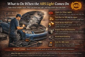 Infographic showing steps to take when the ABS warning light comes on, including checking brake fluid, inspecting tires, scanning for codes, and avoiding harsh braking