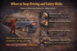 Car with mechanical issues on the roadside showing warning signs like loose wheel, damaged CV joint, and missing lug nuts indicating when it is unsafe to continue driving