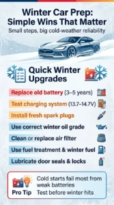 Infographic showing simple winter car maintenance tips including battery replacement, oil choice, spark plugs, and charging system testing