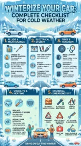 Infographic checklist showing how to winterize a car including battery check, coolant, tires, emergency kit, and winter maintenance tips