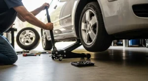using hydraulic floor jack for tire change and car repair