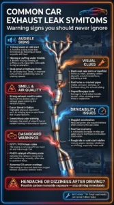 Automotive infographic showing common car exhaust leak symptoms including ticking noises, exhaust smell, soot marks, poor acceleration, check engine light, and carbon monoxide warning