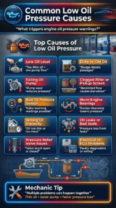 Automotive infographic explaining common low engine oil pressure causes including low oil level, dirty oil, bad oil pump, clogged filter, worn bearings, and faulty sensors