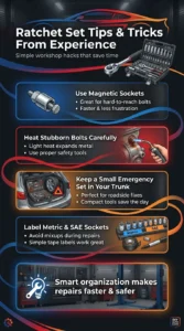 Pinterest style infographic showing practical ratchet set tips including magnetic sockets, heating stubborn bolts, emergency tool kits, and labeling sockets for easier repairs