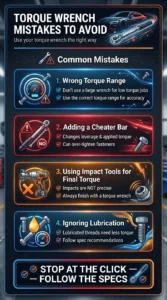 Automotive infographic explaining common torque wrench mistakes including wrong torque range, cheater bars, impact tools, and lubrication errors