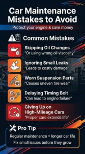 Infographic showing common car maintenance mistakes like skipping oil changes, ignoring leaks, and delaying timing belt replacement that can reduce vehicle lifespan