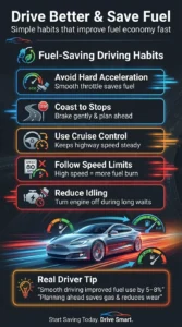 Automotive infographic showing fuel-saving driving habits like smooth acceleration, coasting to stops, cruise control use, and reducing engine idling
