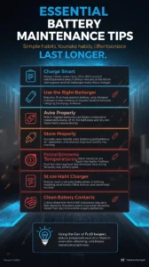 Infographic showing essential battery maintenance tips including smart charging, proper storage, temperature protection, and cleaning battery terminals for longer battery life