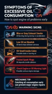 Automotive infographic showing symptoms of excessive engine oil consumption including blue exhaust smoke, low oil level, oil smell, fouled spark plugs, and warning lights