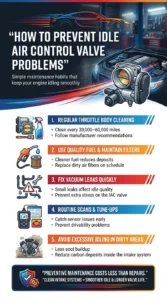 Automotive infographic showing preventive maintenance tips for avoiding idle air control valve symptoms including throttle body cleaning, fixing vacuum leaks, using quality fuel, and routine engine diagnostics