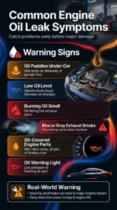 Automotive infographic showing common engine oil leak symptoms including oil puddles, burning smell, low oil level, blue exhaust smoke, and oil warning lights