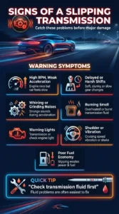 Automotive infographic showing common slipping transmission symptoms including high RPM, delayed shifting, burning smell, warning lights, and vibration while driving