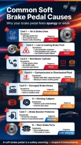 Automotive infographic explaining common soft brake pedal causes including air in brake lines, leaking brake fluid, bad master cylinder, damaged hoses, and worn brake parts