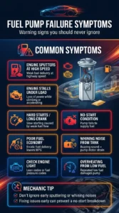 Automotive infographic showing common fuel pump failure symptoms including sputtering, hard starting, stalling, poor fuel economy, whining noise, and no-start condition