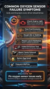 Automotive infographic showing common oxygen sensor failure symptoms including check engine light, poor fuel economy, rough idle, power loss, and black exhaust smoke