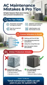 Pinterest-style infographic showing common air conditioning maintenance mistakes, expert AC care tips, correct filter usage, and proper winter protection for outdoor HVAC units