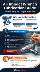 Pinterest-style automotive infographic explaining how to lubricate an air impact wrench using pneumatic tool oil, including oiling frequency, inline oiler settings, and common lubrication mistakes