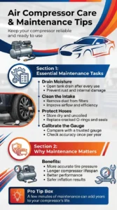 Pinterest-style infographic showing air compressor maintenance tips including draining moisture, cleaning filters, protecting hoses, and calibrating pressure gauges for reliable tire inflation