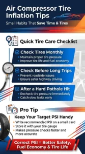 Pinterest-style automotive infographic showing quick tire pressure checks, pothole inspection tips, and recommended PSI reminders when using an air compressor for car tires