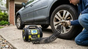 checking car tire pressure before using air compressor