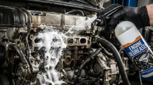 spraying degreaser on dirty car engine bay safely
