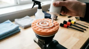 applying polish compound on car polisher foam pad