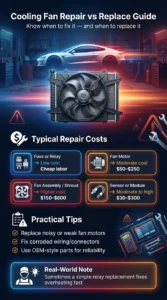 Automotive infographic explaining cooling fan repair versus replacement costs including relay, motor, fan assembly, and practical repair tips
