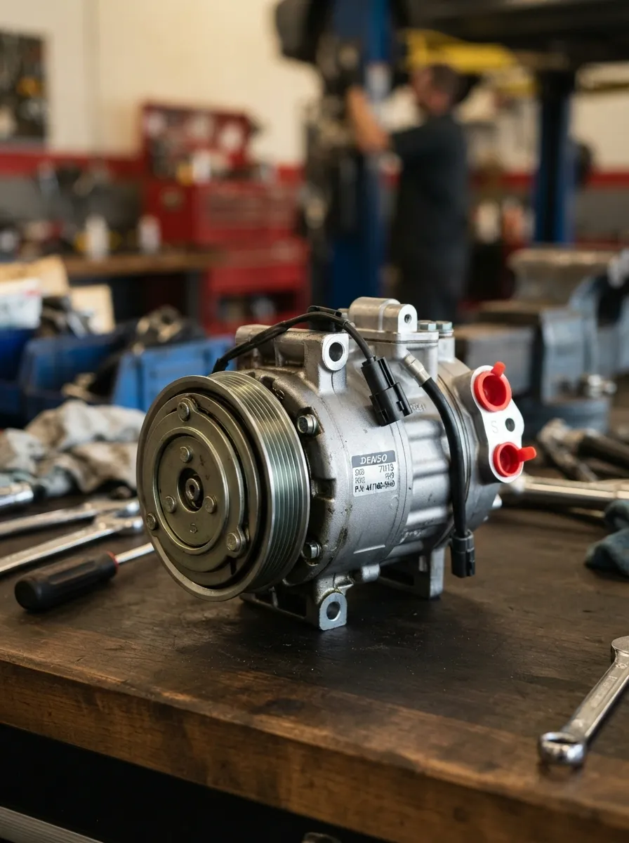 OEM AC compressor installed in a modern vehicle engine bay
