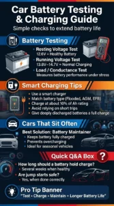 Automotive infographic explaining car battery testing and charging methods including voltage checks, smart charging tips, battery maintainers, and jump start safety advice