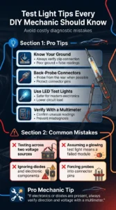 Automotive electrical diagnostic infographic showing professional test light tips, common mistakes to avoid, proper grounding, back-probing connectors, and multimeter verification techniques