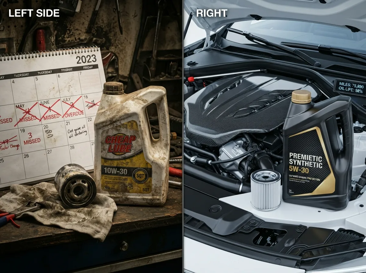 Comparison of neglected oil changes versus high-quality synthetic motor oil for preventing engine sludge