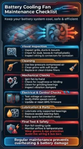 Infographic showing a step by step battery cooling fan maintenance checklist including inspection, cleaning, electrical testing, lubrication, and safety tips for EV battery systems