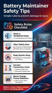 Automotive infographic showing battery maintainer safety tips including ventilation, protective gear, proper cable connection order, and avoiding frozen battery charging