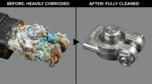 before and after battery corrosion cleaning comparison